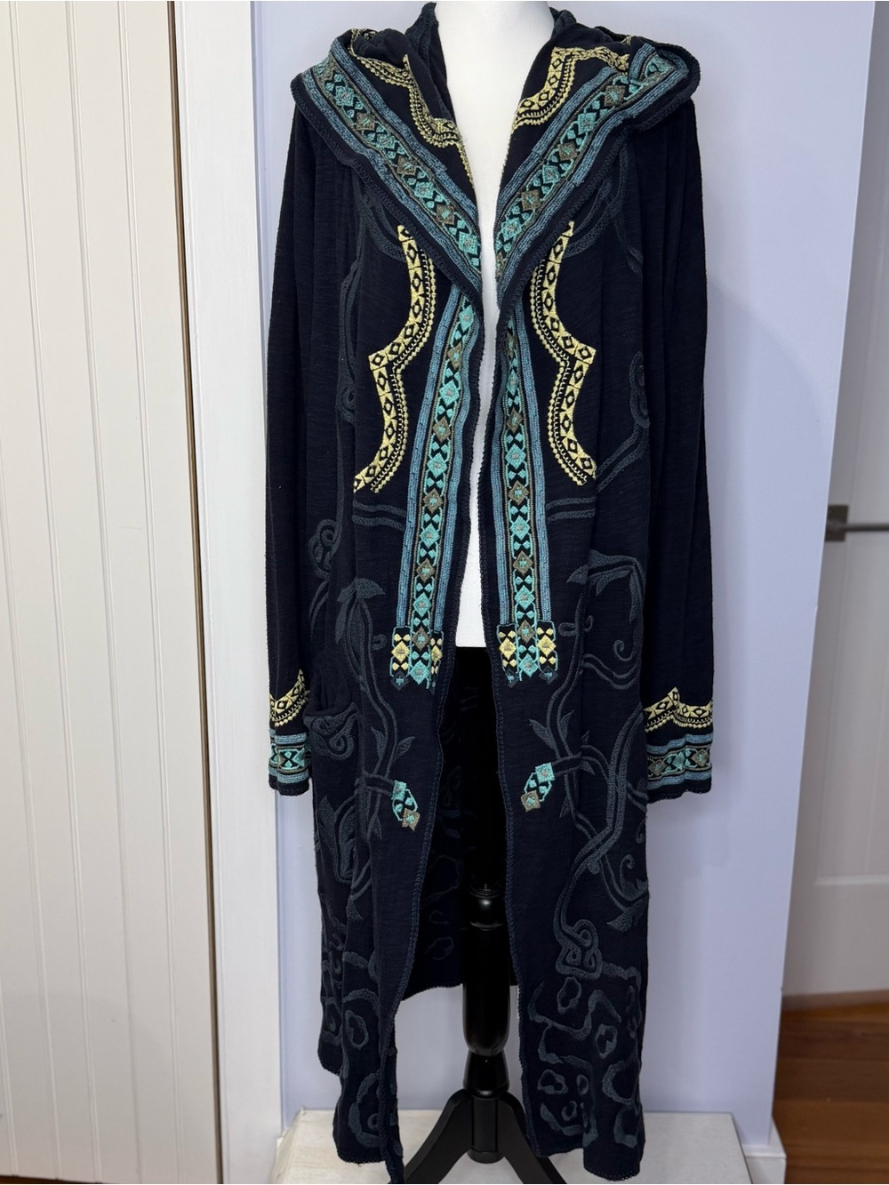 Johnny Was BiyaEmbroidered Long Hooded Cardigan, Black w/teal & gold. Size M